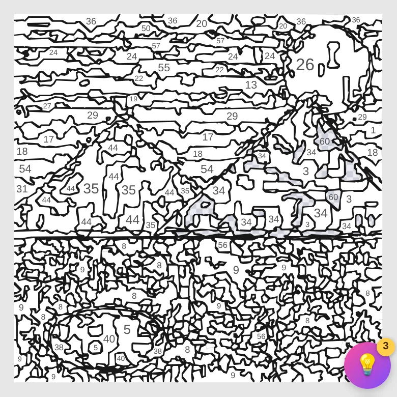 Cuadro de pintar por números recién generado, con zonas numeradas y la paleta de colores debajo