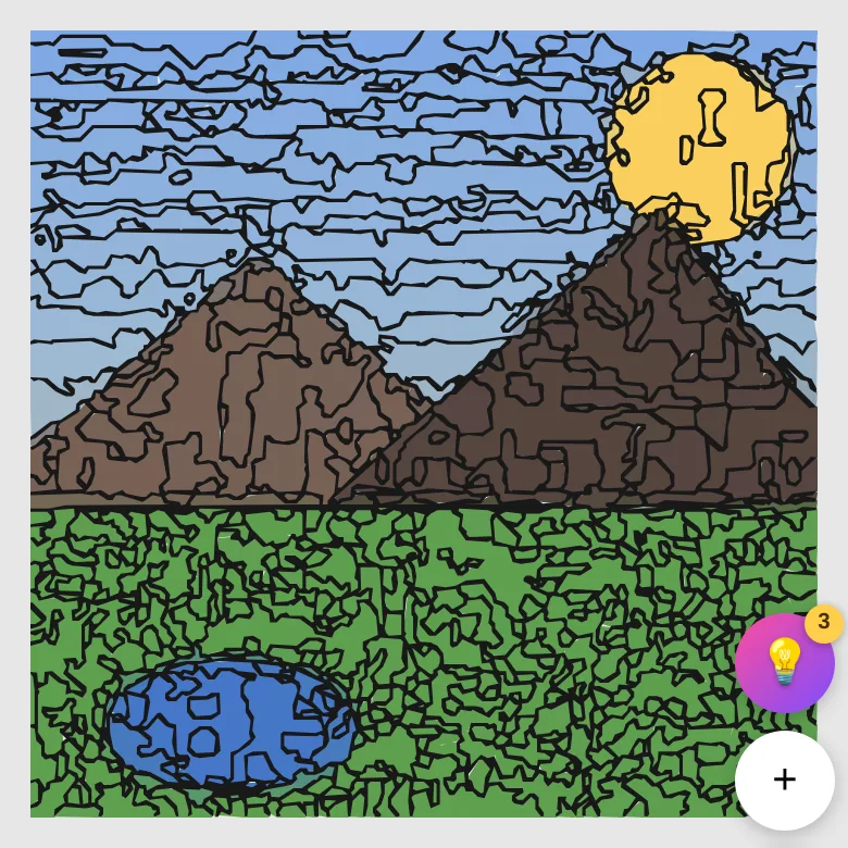 Cuadro de pintar por números terminado en Color Memories, con el sujeto (montañas, sol y lago) bien definido y todos los colores rellenados