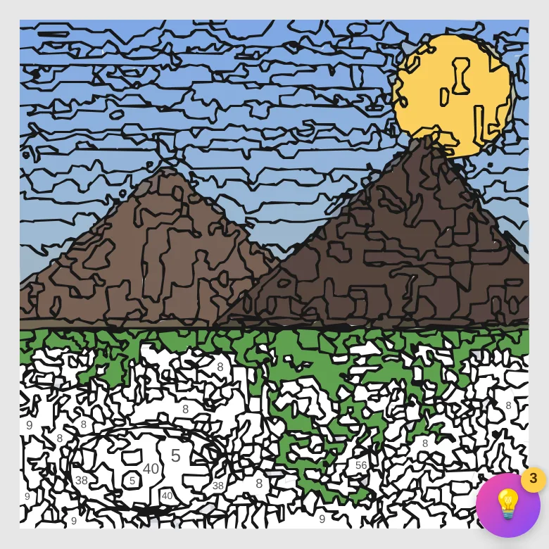 Cuadro de pintar por números a medio completar, con zonas ya coloreadas y zonas numeradas pendientes