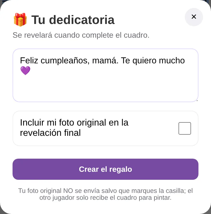 Pantalla para escribir la dedicatoria de un Modo Regalo en Color Memories, con la opción de incluir la foto original en la revelación final